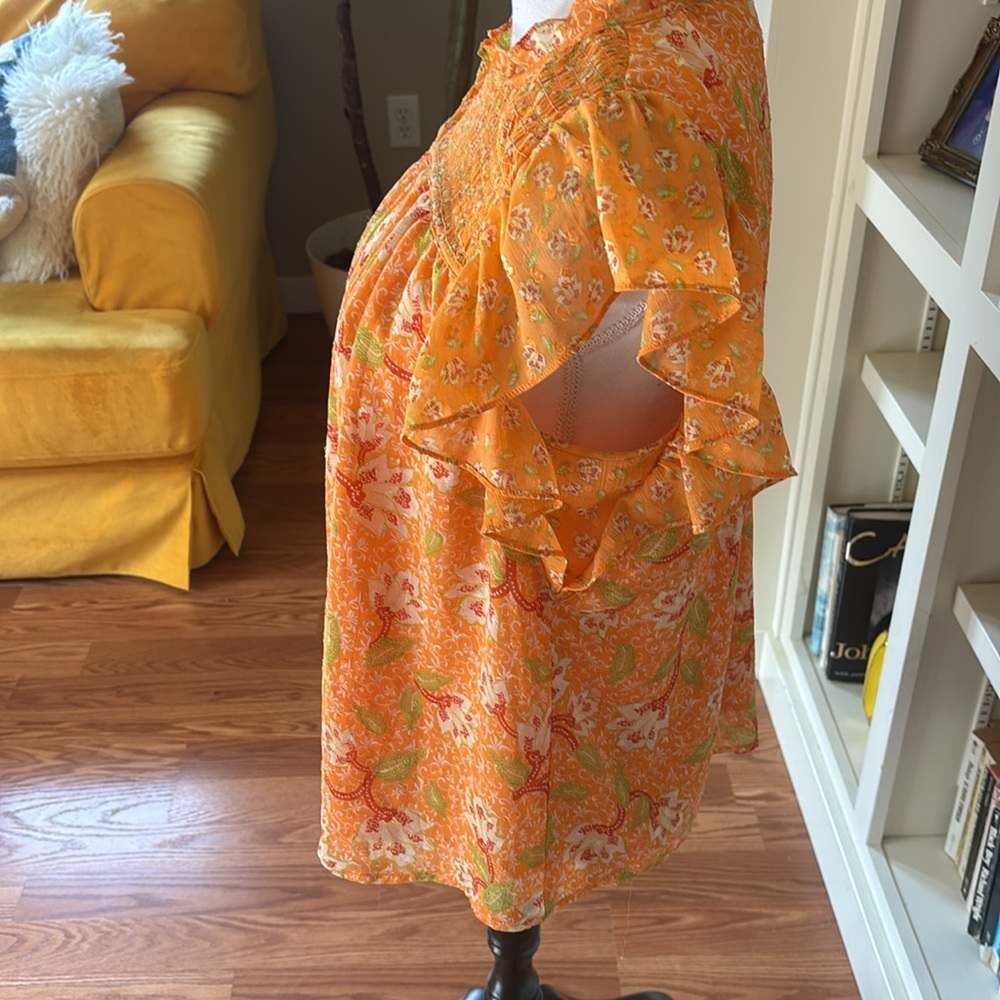 Orange Floral Flutter Sleeve Blouse Medium Cottagecore Boho Spring Anthropologie - Picture 4 of 12